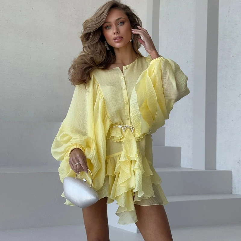 Tornova Fashion Ruffled Mini Dress Womens Loose O Neck Single Breasted Outfits Female Lantern Sleeve Elegant Ladies 250514