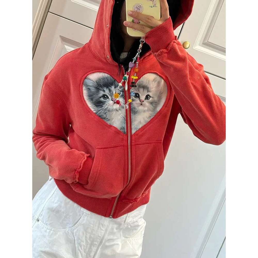 Y2k Retro Old Love Kitten Splicing Hoodie Temperament Hundred With Short Woman Sweatshirts 2024 Winter New Designer