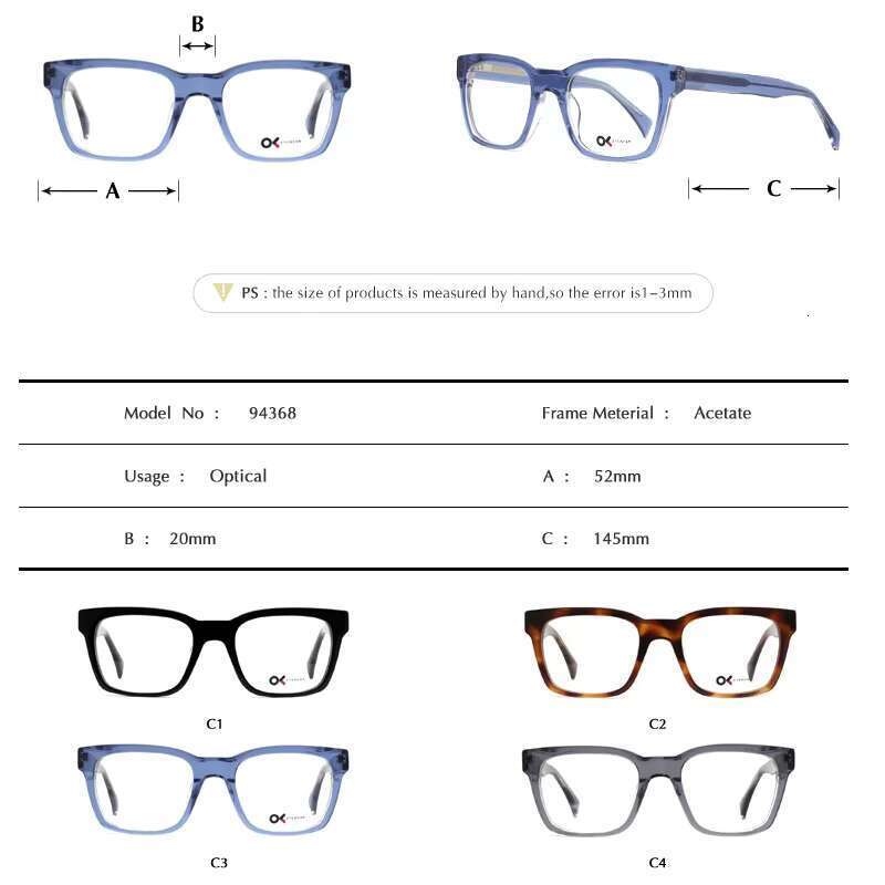 High quality designer logo, trendy square unisex fashion, fashionable acetate fiber optical eyeglass frame