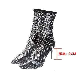 Fine Pointed Head Rhine-drill Cold High Heel Elastic Fishnet Socks Boots Hollowed Out in New Women's Shoes