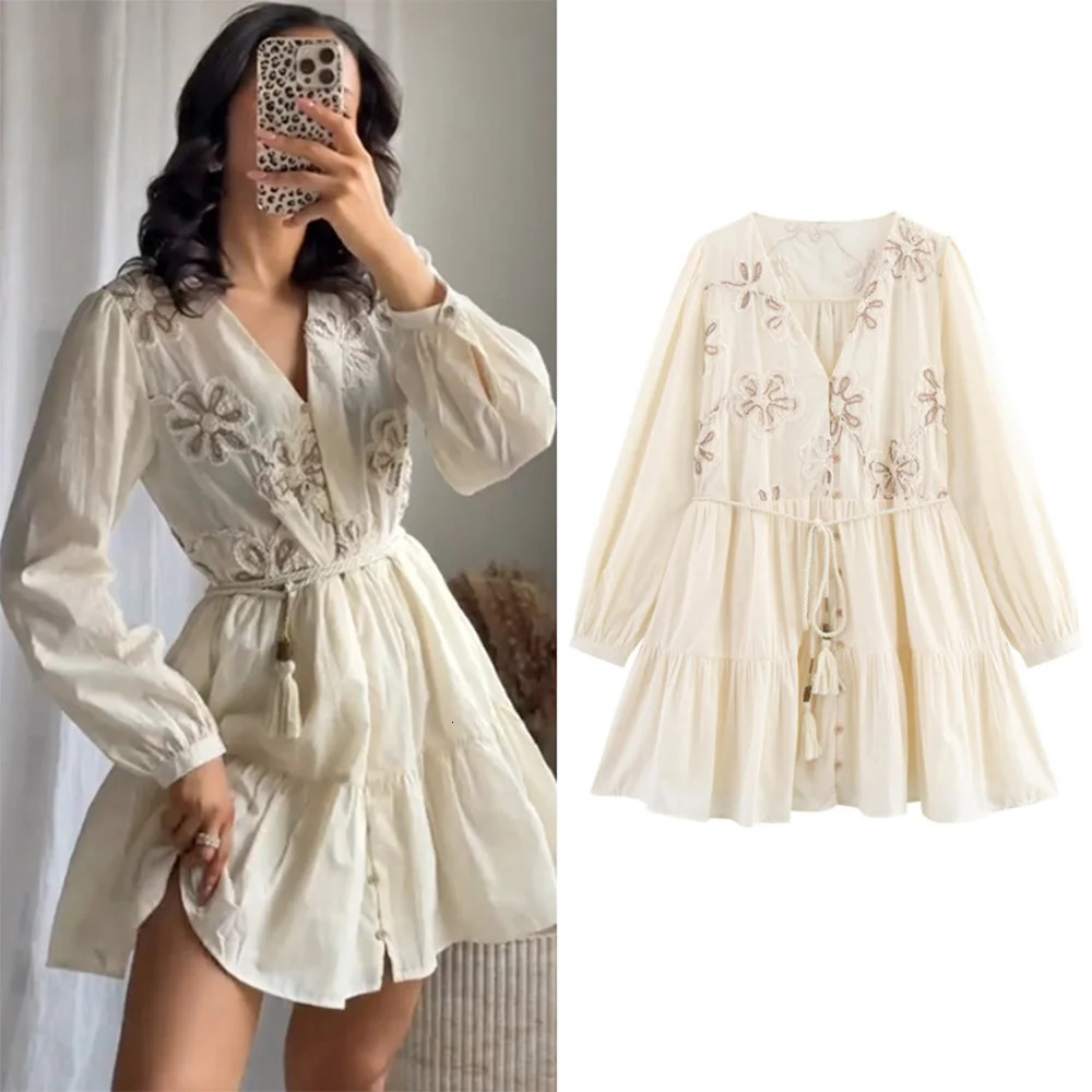 Sweet V Neck Long Sleeves Floral y n Bow Lace Up Single Breasted Splicing Wide Skirt Edge Women Mini Dress ZATT 250514