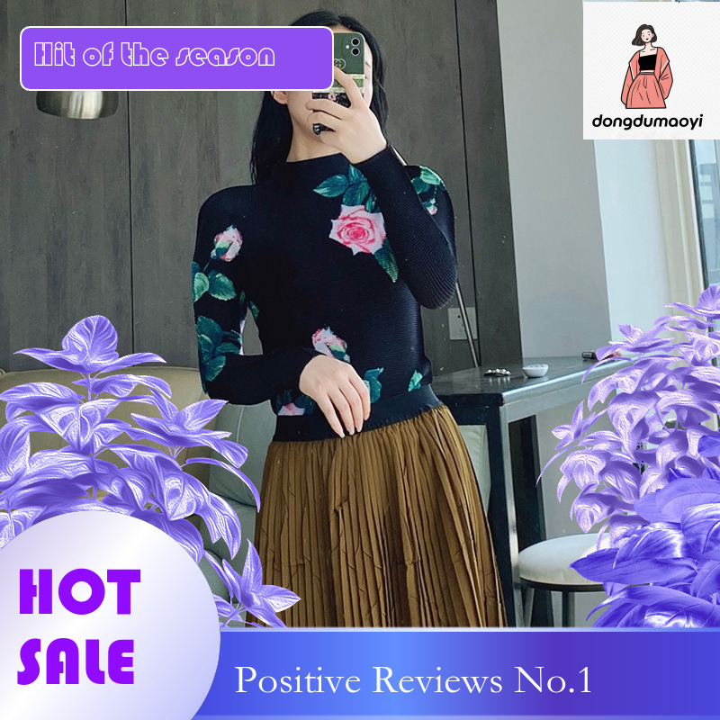 dongdumaoyi Miyake elasticity base shirt spring and summer, interior high neck versatile fashion printed long sleeved pleated top for women