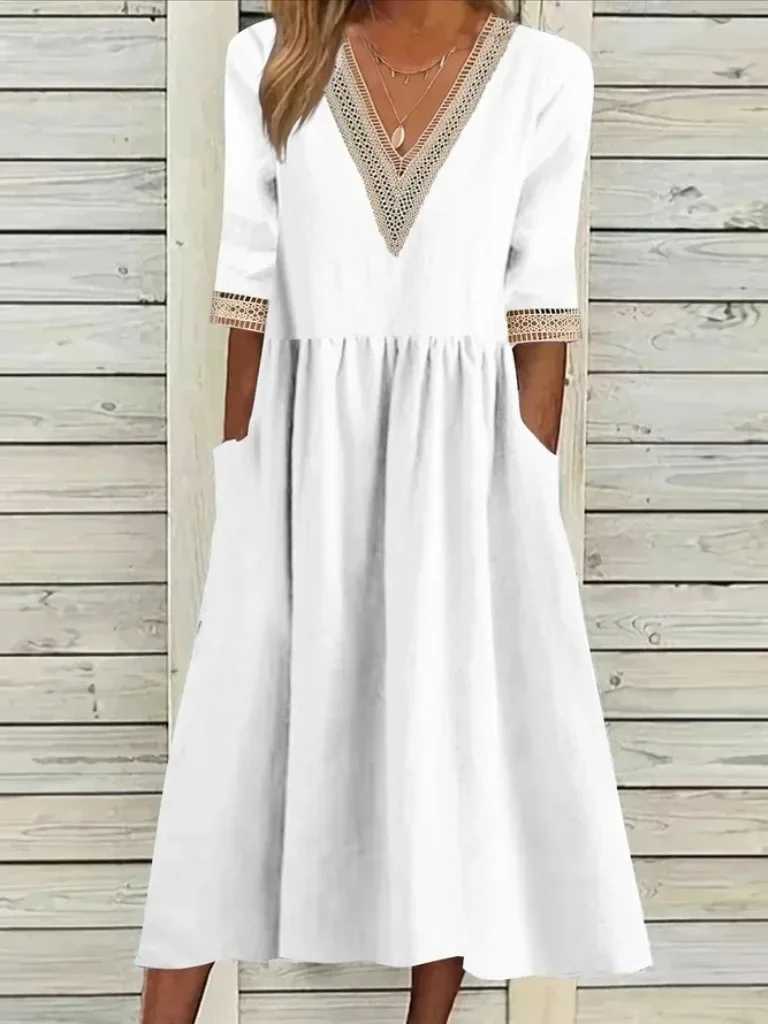 2025 Spring Cotton Linen Oversize Womens Long Dress White V-neck Lace Loose A-line Dresses Female Casual Trendy Ladies ClothesXJ250514