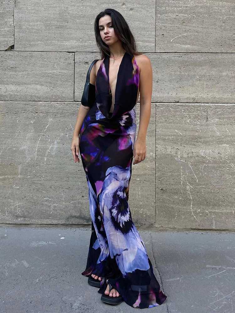 Backless Maxi Dress Women Sexy Purple Print Halter Bodycon Dress Summer Beach Outfits Elegant Sleeveless Club Party Dress 2022XJ250514