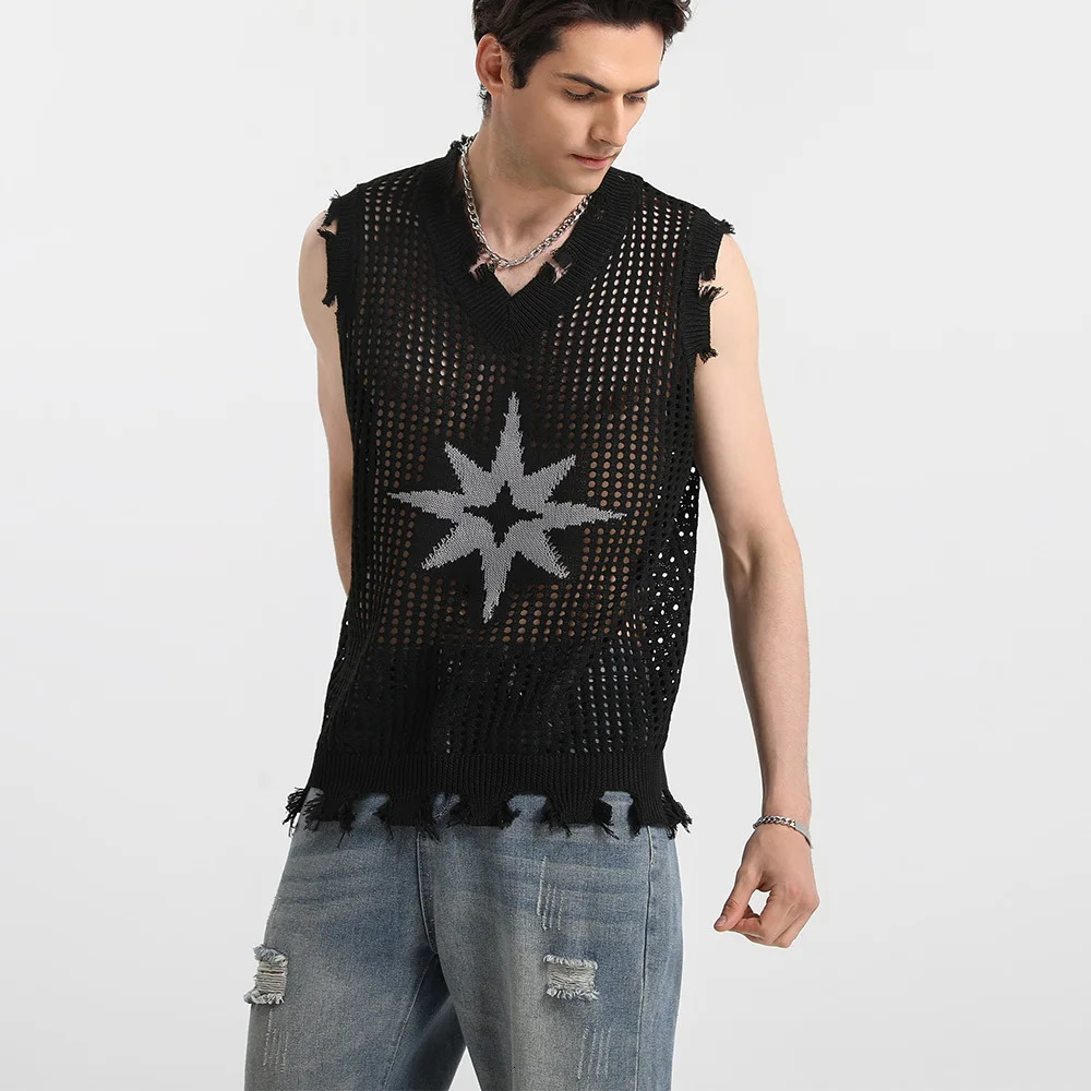 Slavinson Mens Knitted Tank Top Summer Solid Color Star Pattern Mesh Casual Sleeveless Breathable Wool Soft US Size 250506