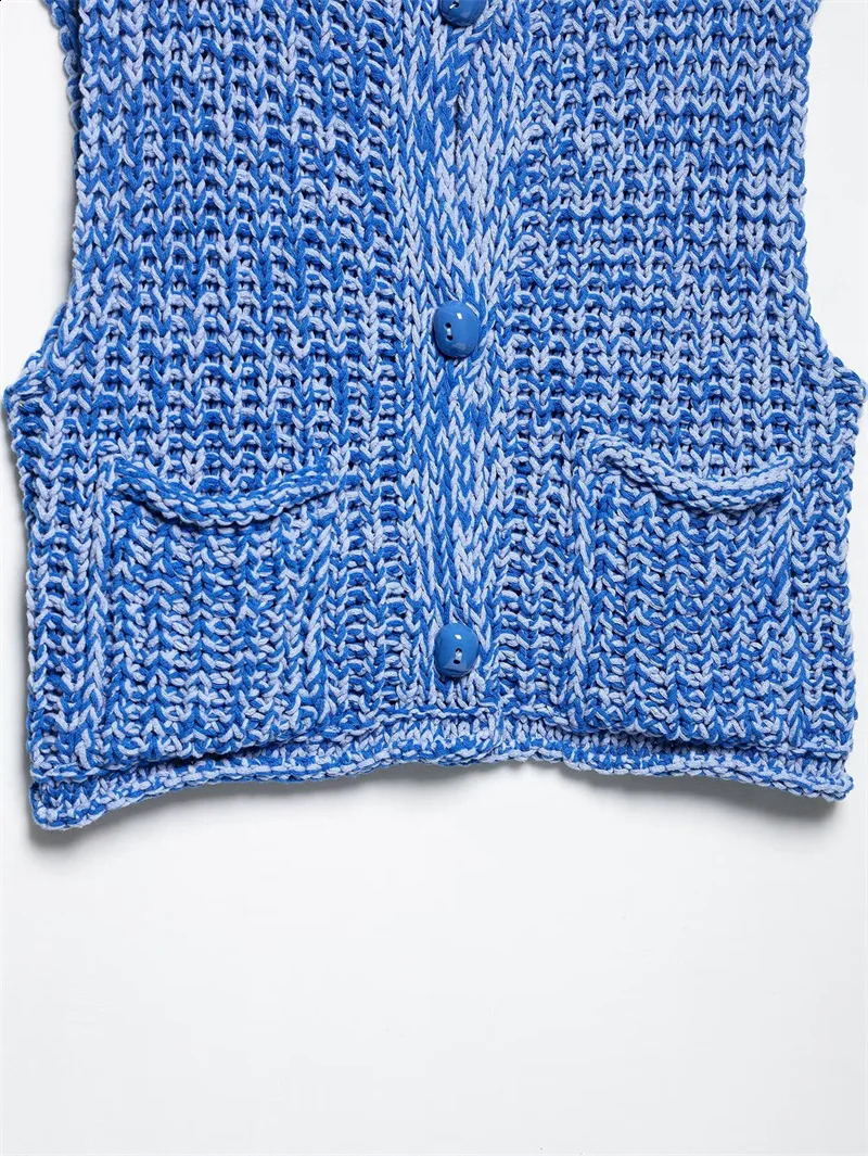 2025 womens knitted blue top round neck sleeveless casual vest fashionable large pocket patch button open waistcoat 250506
