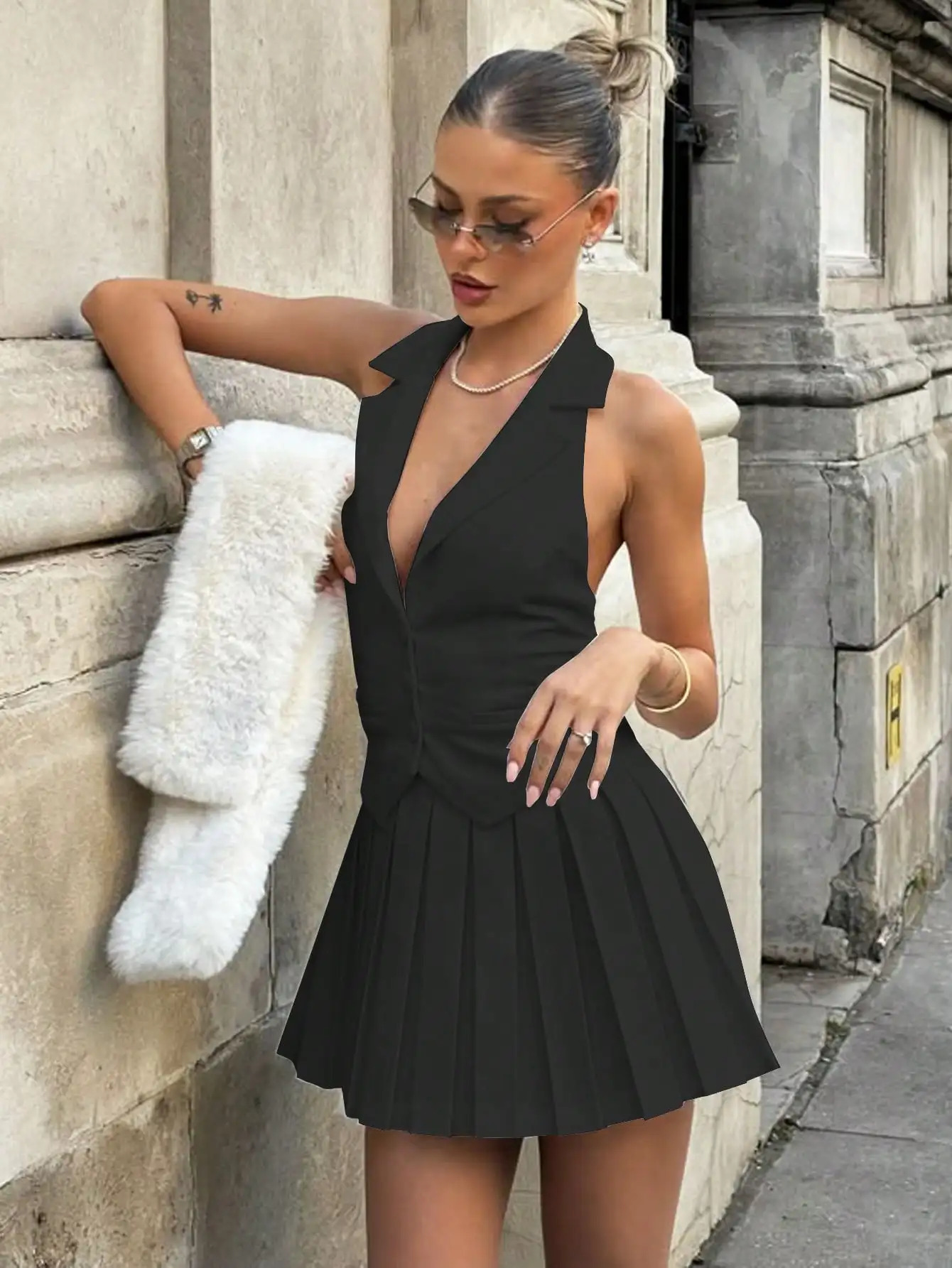Womens Elegant Sleeveless Vneck Button Vest Pleated Short Dress Two Piece Y2K Style Polyester Summer 250514