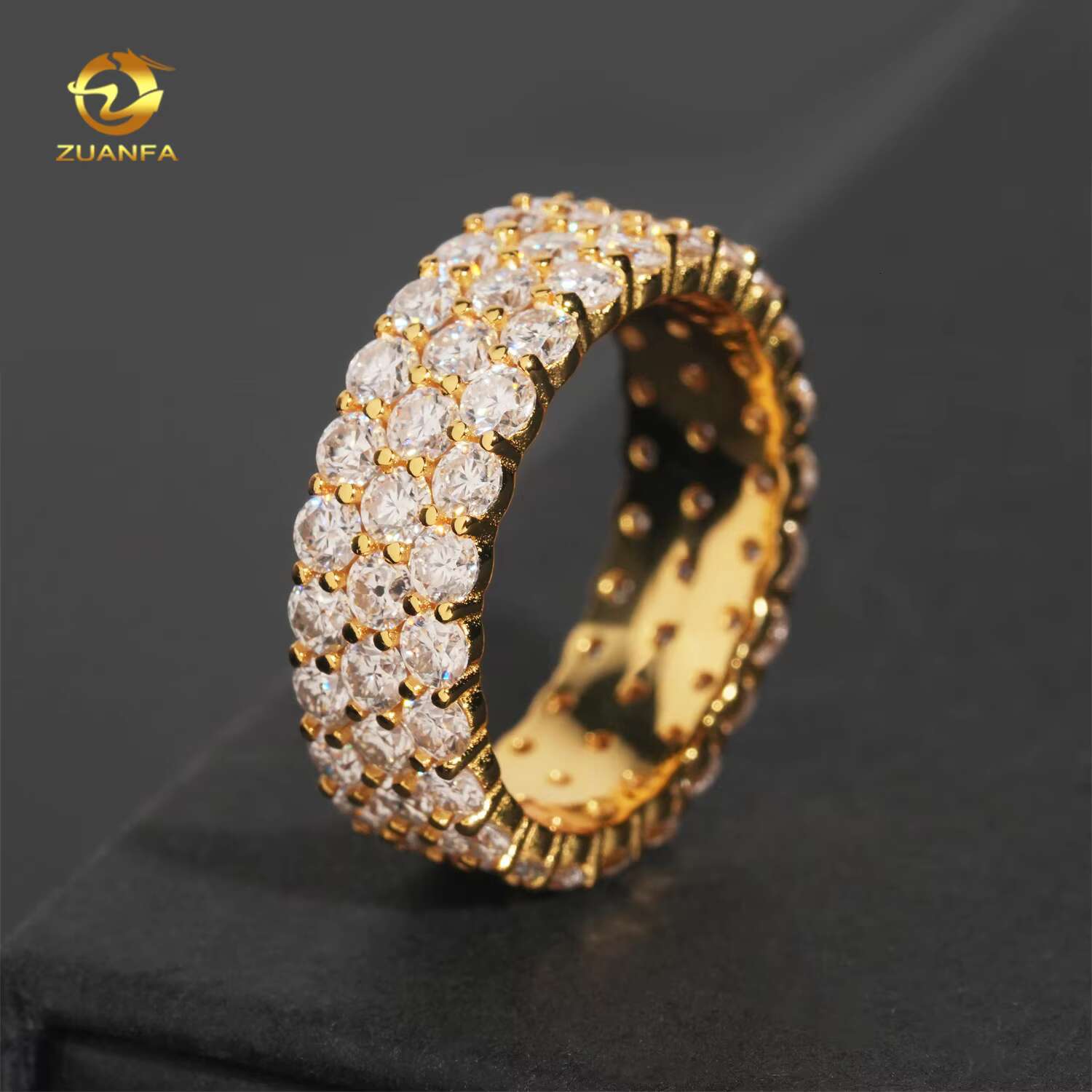 Hot Sale 3rows Moissnaite Gold Pated Sterling Silver 925 Hip Hop Band Mens Rings Fine Jewelry