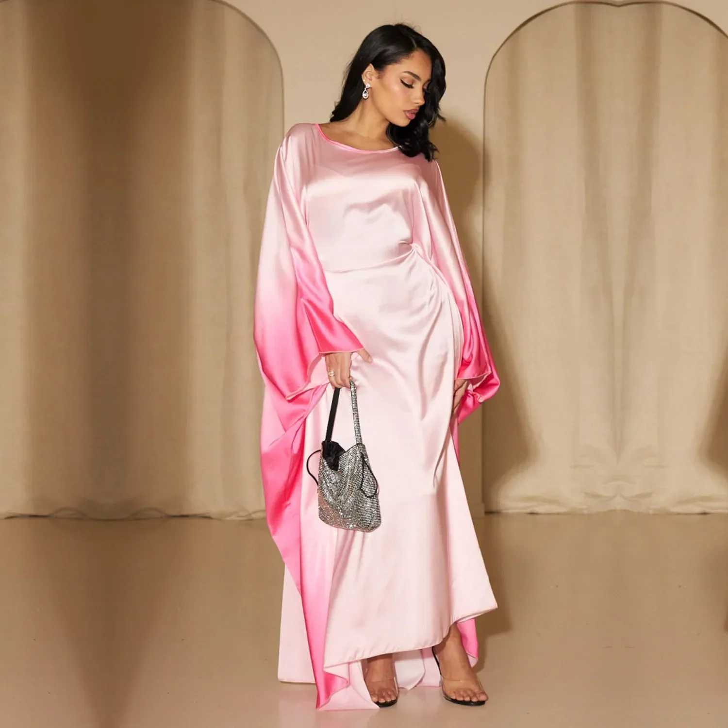 Women Gradient Butterfly Satin Abaya with Inner BeltMuslim Party Long DressAbayas for WomenDubaislamic ClothesEid Kaftan Ro X250514