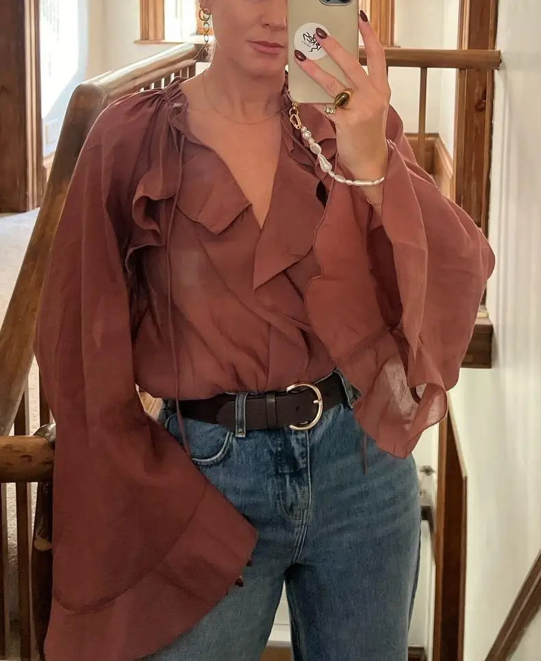 Wine Red Lace Up Ruffles Chiffon Blouse Women Fashion See Through V Neck Casual Long Sleeve Shirts Lady Spring Blouses Tops 250514