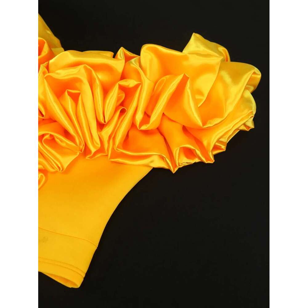 Trendy Yellow Ruffle Off Shoulder Mini Blouse Elegant Stylish African Female Top Party Date Out Ocn Fashion Plus Size