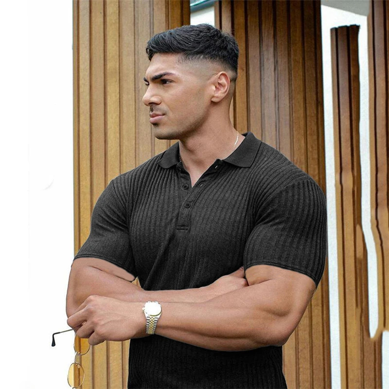 Gym Knitted Polo Shirt Men Fitness Workout Skinny Short Sleeve T-shirt Male Bodybuilding Tee Shirt Sports Polos Summer Clothing 250513