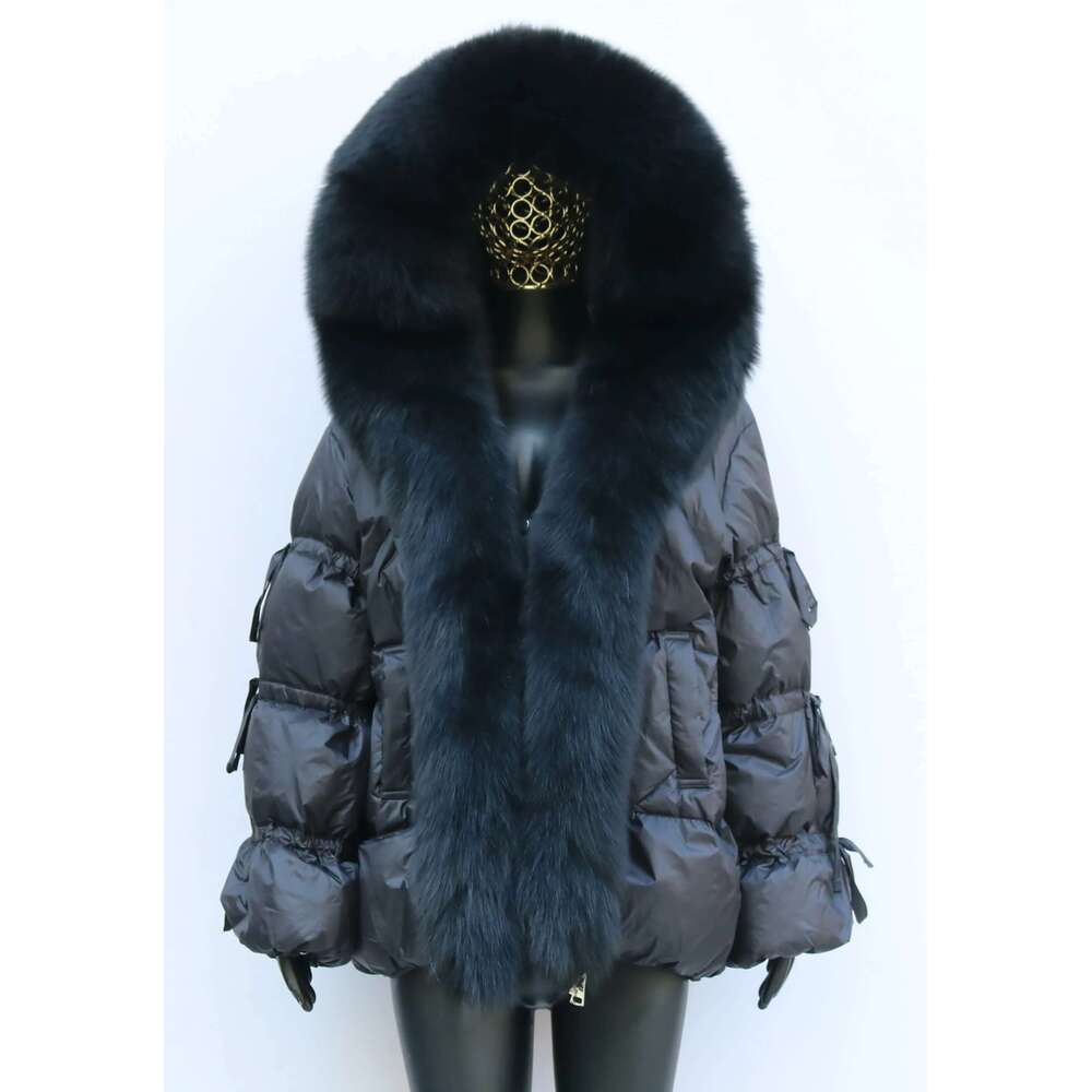 Women's Winter Duck Jacket Genuine Fox Fur Hooded Down Coat Bread Outerwear Fashion Elegant Lantern Bow Sleeve