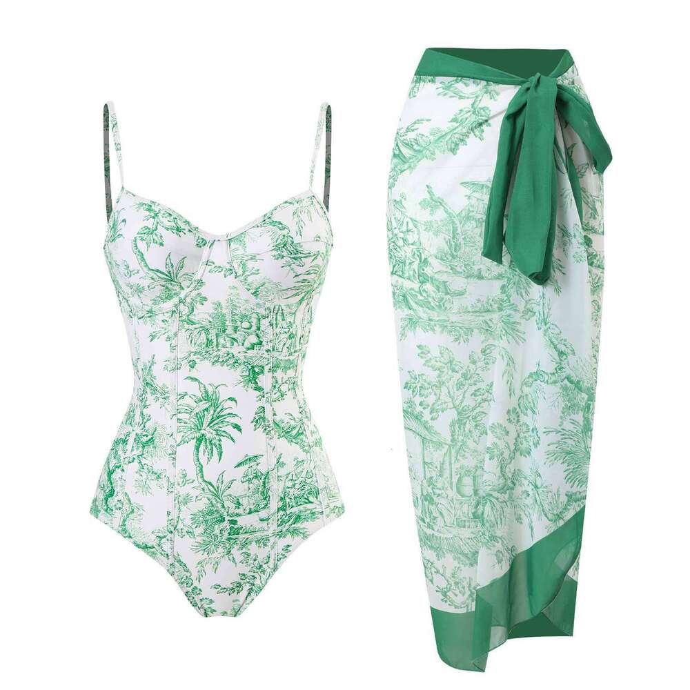European American one-piece swimsuit for women, conservative slimming, retro printed with strip steel support, hard pack swimsuit, chiffon long skirt,