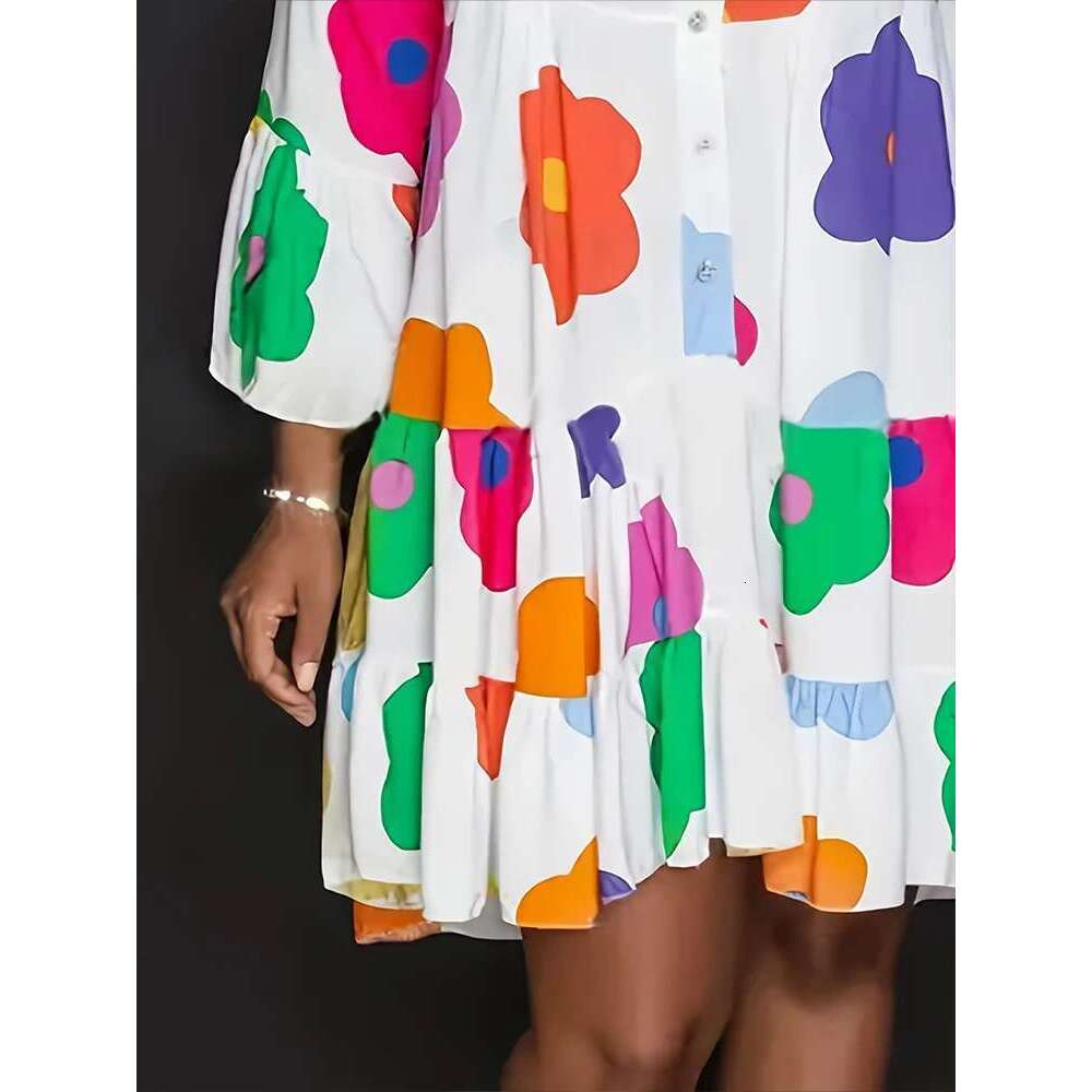 Plus Size Autumn New Floral Printed Women's Casual Loose Button Fashion Streetwear Polyester V-Neck Pleated Dresses