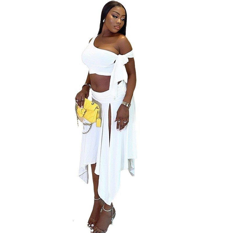 Wind ins womens skirt set sexy sleeveless single shoulder top with ribbon half body split skirt two-piece set suits