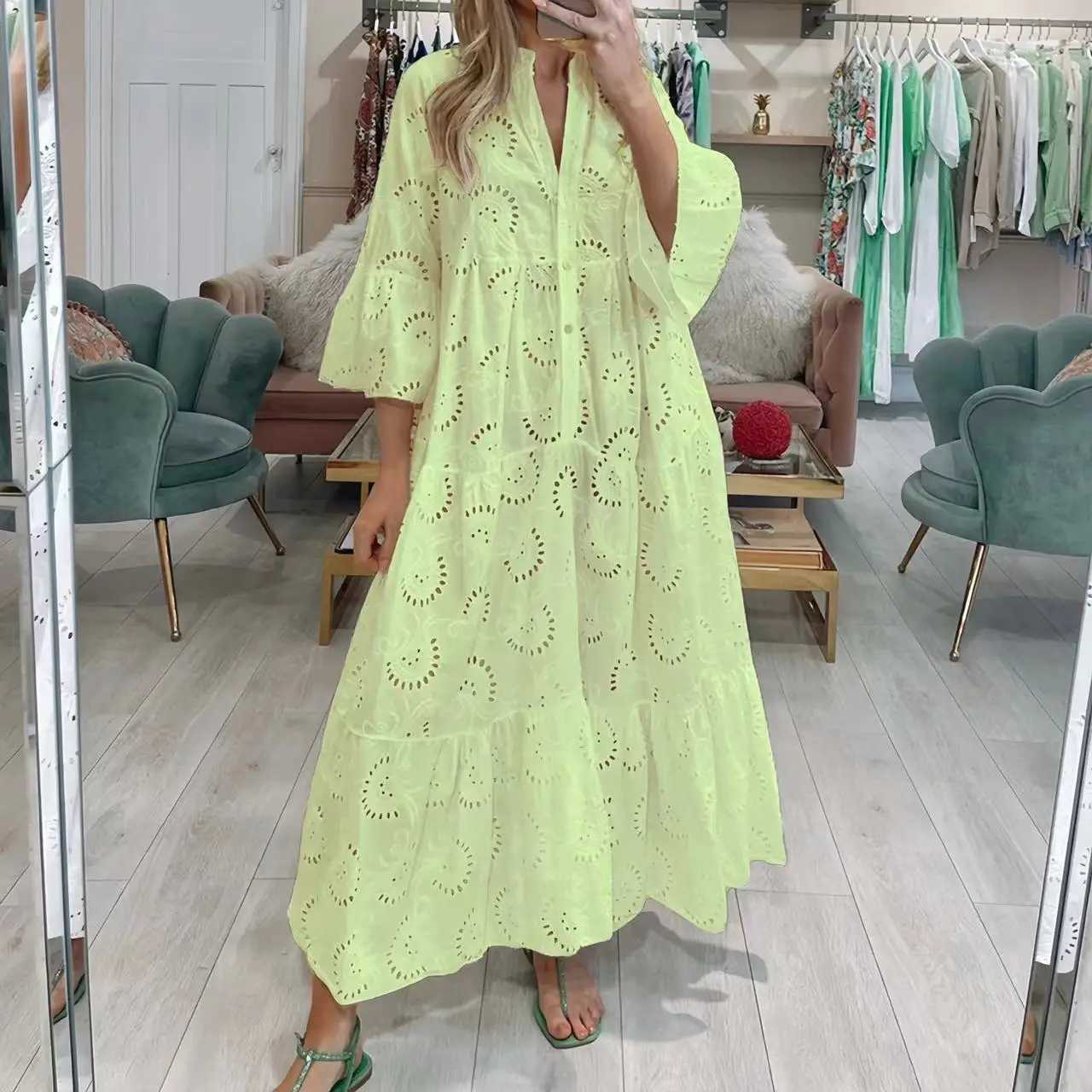 Dresses for Dresses Spring Summer Shirt Dress 2024 White Dresses V-Neck Flared Sleeves Lace Hollow Solid Color Sexy Long DressesXJ250514