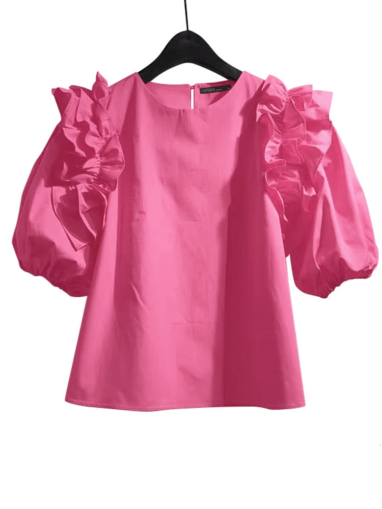 ZANZEA Women Summer Chic Blouse Korean Fashion Puff Short Sleeve Tops Vintage Ruffle Patchwork Tunic Casual Round Neck Loose Top 250514