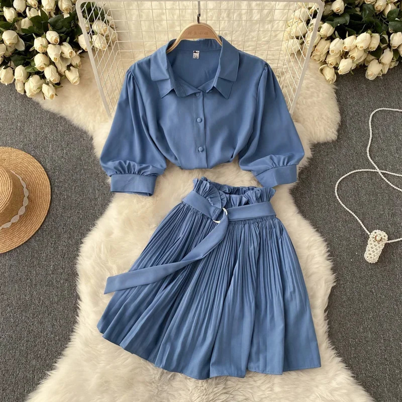 Two Peice Set For Women Summer Turn Down Collar Crop Top Shirt Pleated Mini Skirt Tracksuit Lounge Club Outfits Streetwear 250514