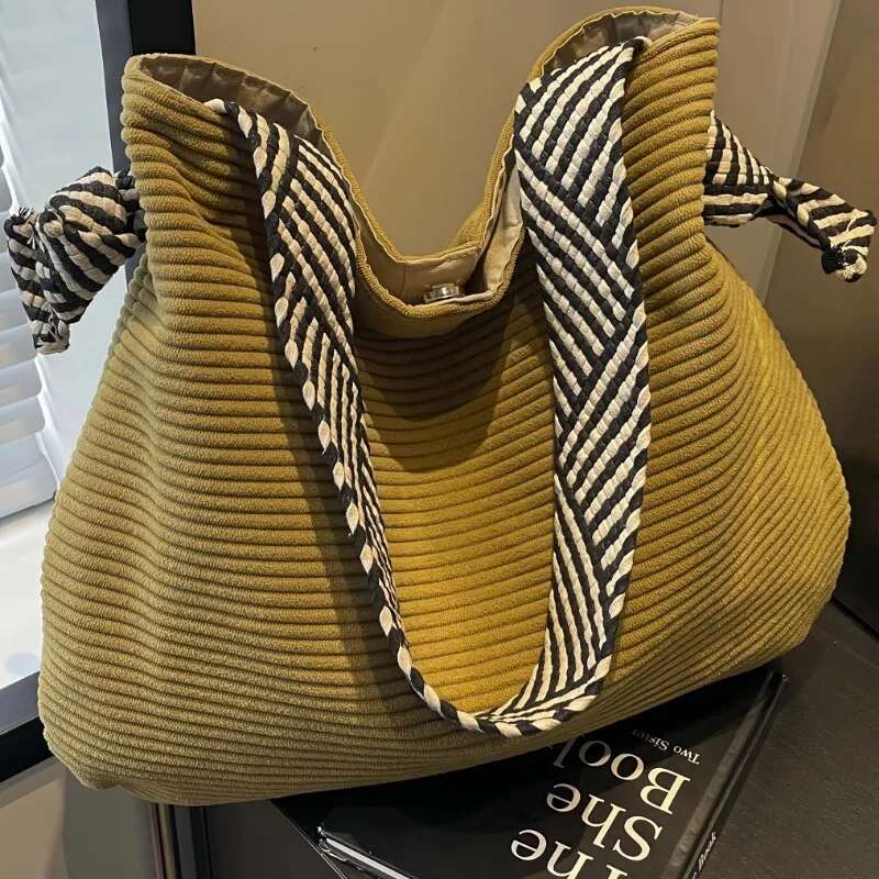 New Soft Wide Strap Veet Fabric Handbag, Fashion Casual Single Shoulder Bag, Preferred Style corduroy Women Bag
