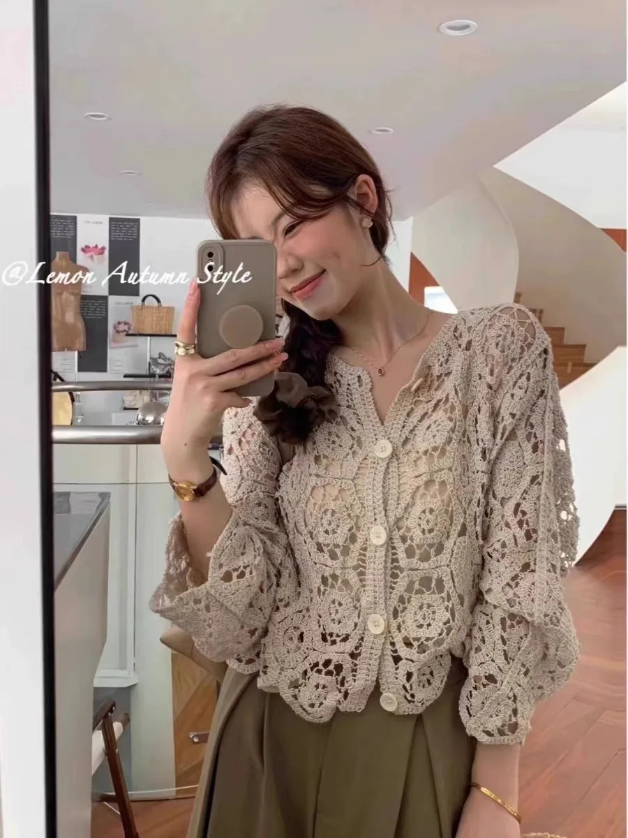 Long Sleeve Crochet Knit Top Beach Bikini Cover Up Buttonup Cardigan Blouse Women blusas para mujer Vacation Boho Outfit 250514