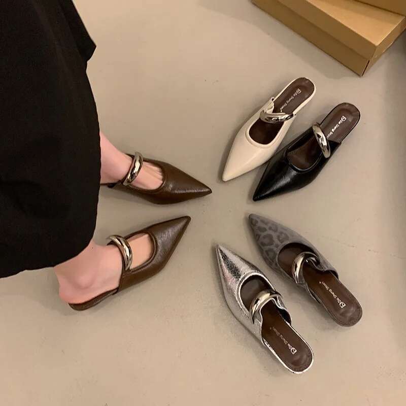 Punk Gothic Metal Buckle Low Heels Sandals Women 2025 New Pointed Toe Thick Heeled Summer Slippers Woman Platform Muller Shoes