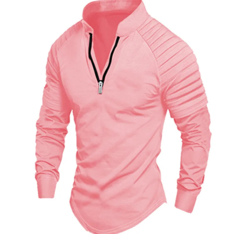 Mens longsleeved polo shirt zipper standing collar arm pleated solid color sports casual slim fashion mens wear 250506Z