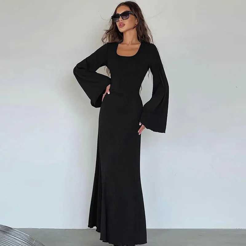 Solid Ribbed Trumpet Long Sleeve Maxi Dress Back Lace-Up Straps Elegant Casual For Women A little thinner Dresses All seasonsXJ250514