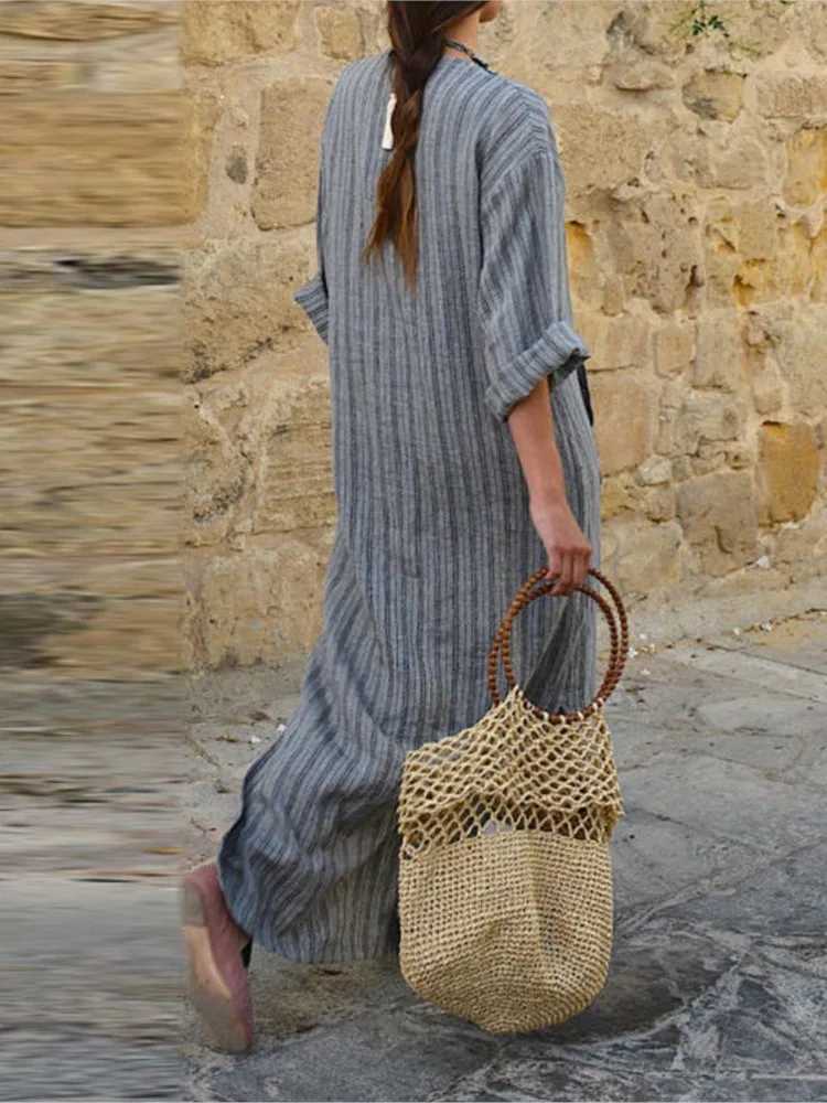 Autumn Womens New Cotton Linen Yarn-dyed Striped Long Dress Fashionable Big Pockets Sexy V-neck Long-sleeved Loose DressXJ250514
