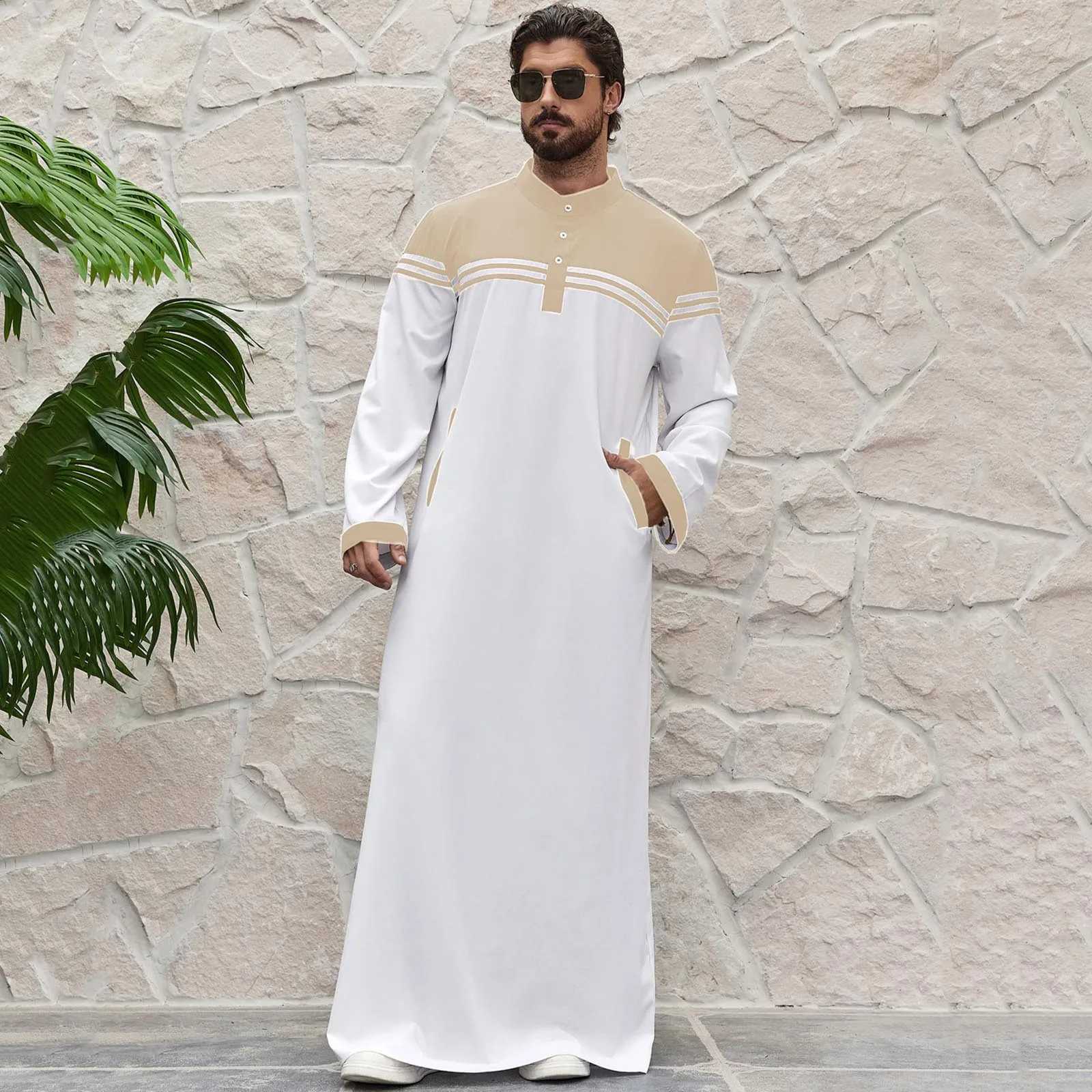 2025 Muslim Robe Comfortable Men Caftan Long Sleeve Contrast Color Muslim Clothing Mandarin Neck Muslim Robe for Middle East X250514