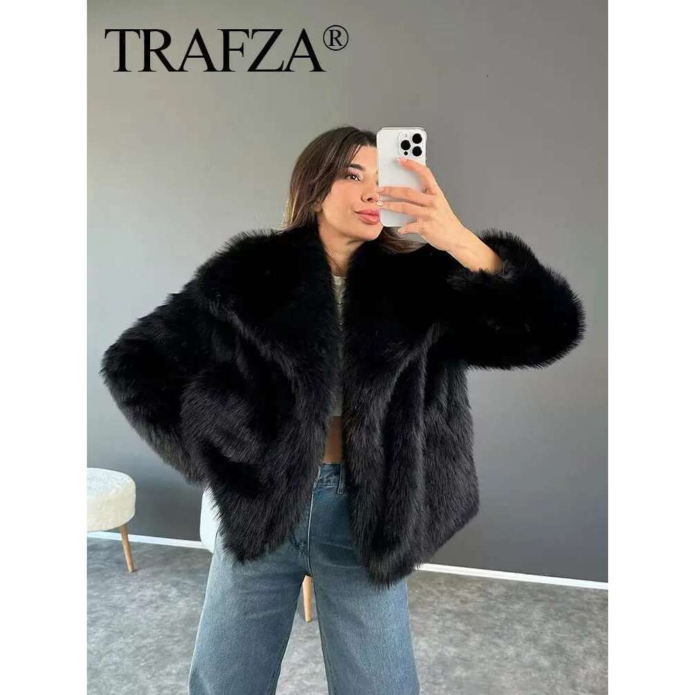 TRAFZA Female Vintage Coat Artificial Fur Effect Short Jacket Woman Warm Plush Elegant Casual Lapel Collar Thick Outerwear