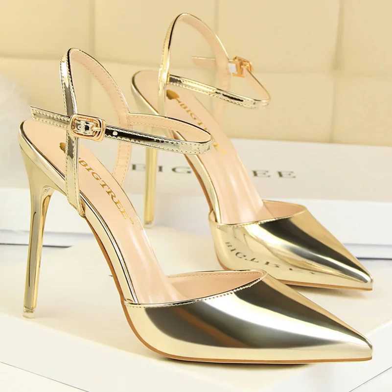 Women 10.5cm High Heels Sandals Lady Metallic Gold Silver Patent Leather Stripper Strap Sandles Wedding Fetish Nightclub Shoes W250514
