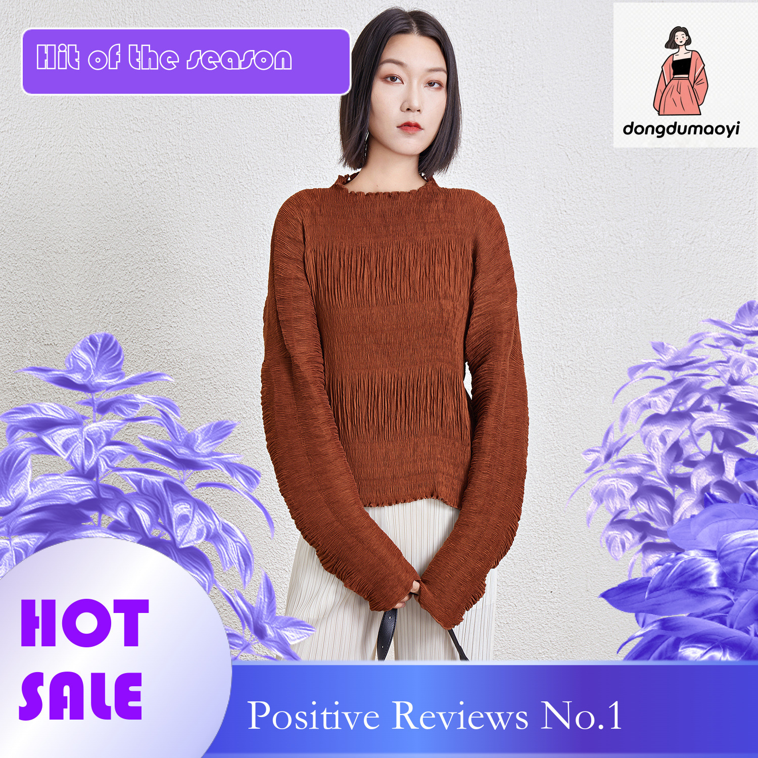 dongdumaoyi Lazy elegant small shirt with loose fit design, Miyake autumn and winter new style long sleeved T-shirt round neck pleated sweatshirt for 