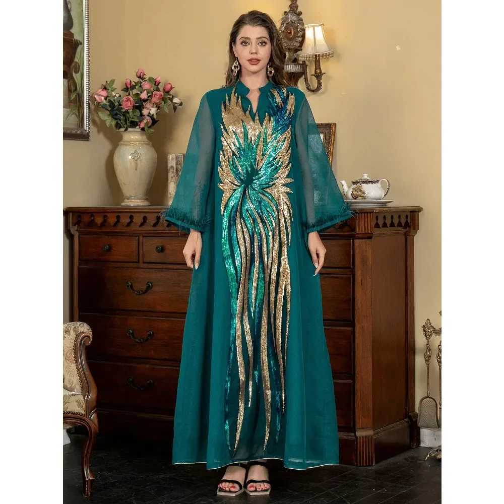 Muslim Womens Robe V-neck Long-slved Dark Grn Robe Fashionable Camel Hair Shiny Comfortable And Casual Elegant Dress X250514