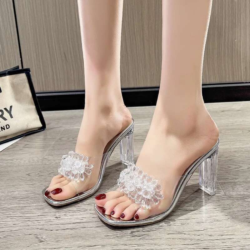 2025 Summer New Sandals Fashion Rhinestones Square Heel Transparent Women Shoes High Heels Female Party Shoe