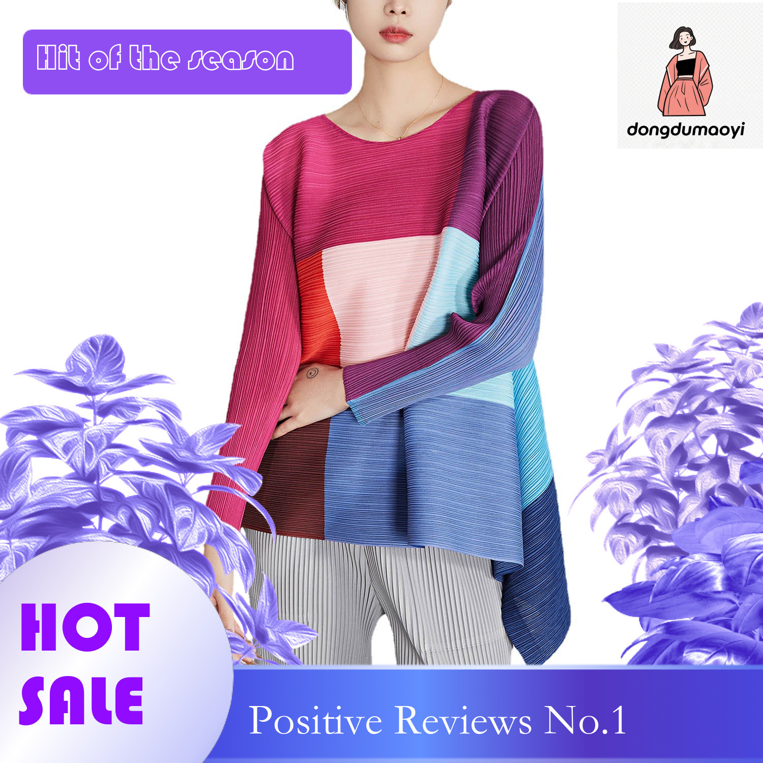 dongdumaoyi Women's long sleeved round neck women's Miyake style loose T-shirt, pleated checkered top