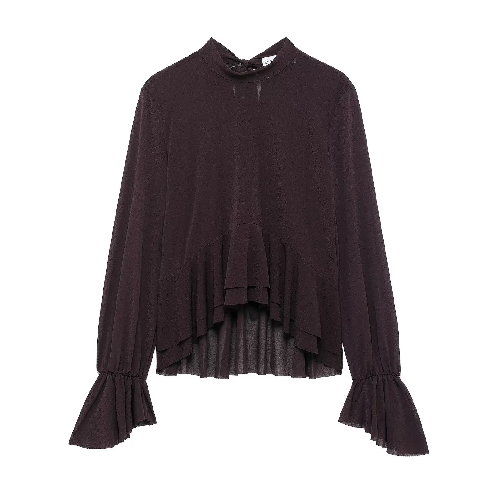 Zevity Women Fashion Brown Back Bow Lace Up Hem Ruffled Pleated Pullover Blouse Vintage Female Chic Lady Shirts Tops LS2602 250514