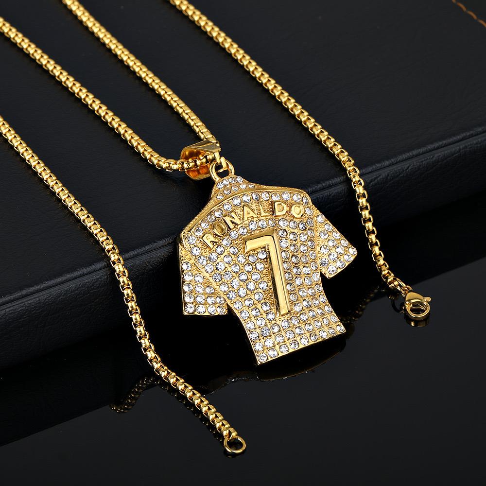 2Pcs Cristiano Ronaldo CR 7 Jersey Full Zircon Pendant Chain Necklace For Men Boy Soccer Fans Hip Hop Jewelry Accessories