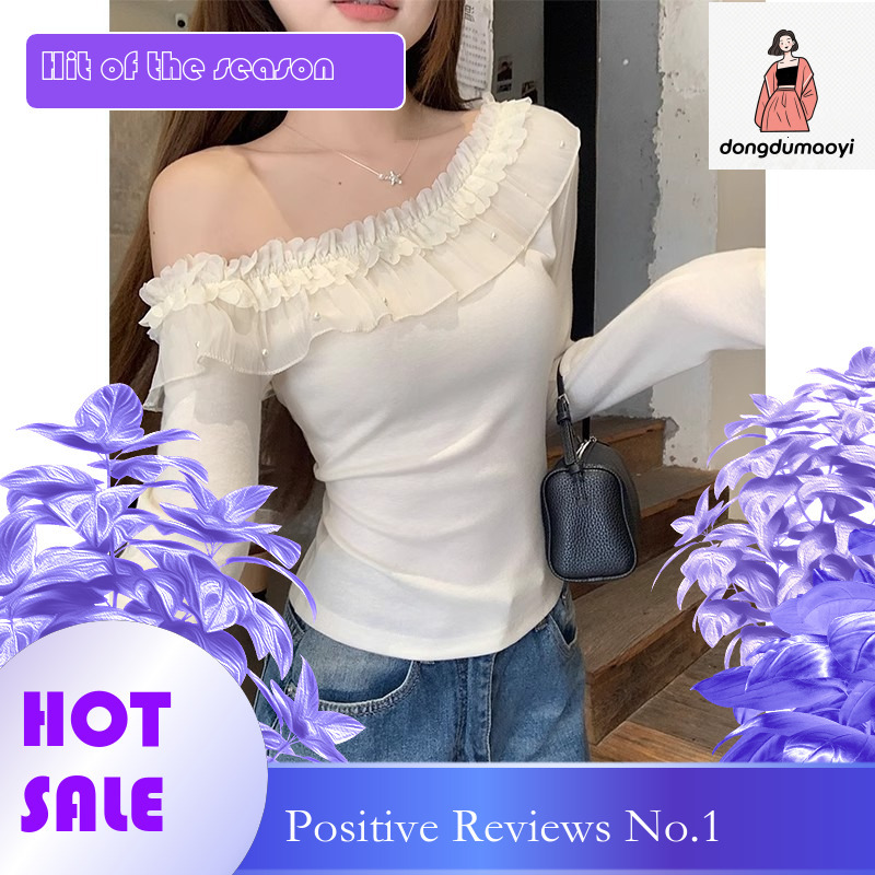 dongdumaoyi One shoulder lace long sleeved white T-shirt for women in spring and summer 2025, pure desire style, slim fit, bottom layer, top