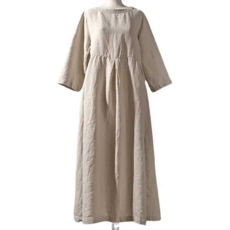 2022 Casual Artistic Cotton Linen Womens Dress Autumn Japanese Style New Olive Green Long Sleeve Elegant Long DressXJ250514