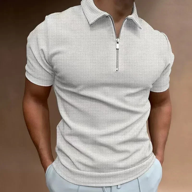 Summer Mens Zipper Waffle Polo Shirt Short Sleeve Waffle Lattice Casual T-shirt Men Thin Solid Color 250513