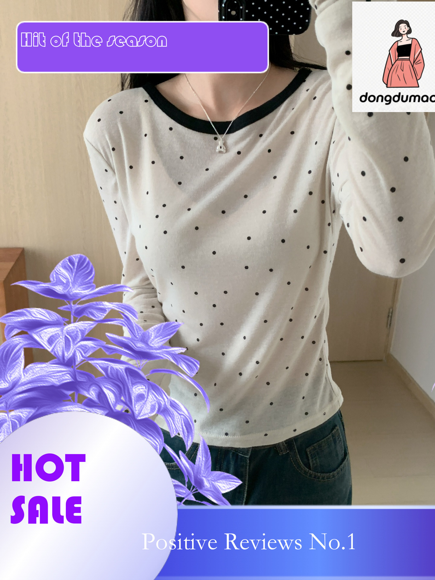 dongdumaoyi New polka dot long sleeved base shirt for women's spring design, slim fit shoulder T-shirt, unique and super beautiful top
