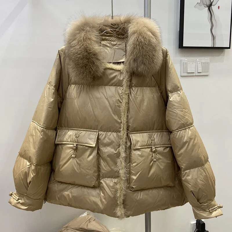 2023 Fashion Autumn Winter Real Mink Fur Coat Women Natural White Duck Feather Down Jacket Outerwear Loose Streetwear