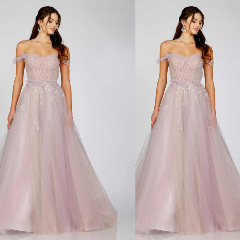 Pink Simple Classic Prom Dresses A-Line Off The Shoulder Sequins Appliques Customized Zipper Court Gown Evening Dress Plus Size Floor-Length Vestido D