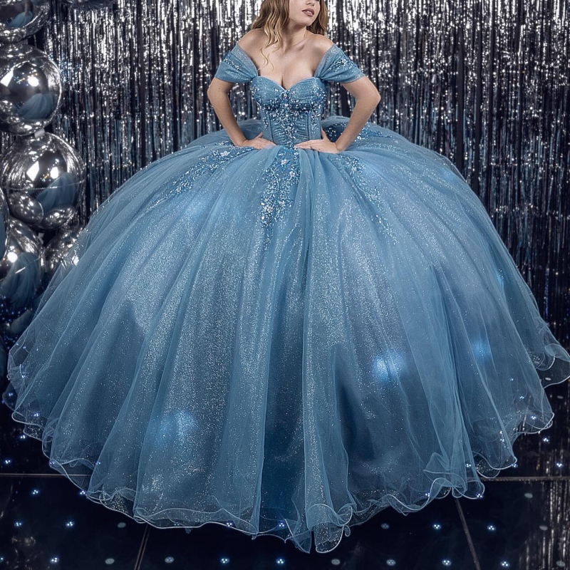 Blue Shiny Quinceanera Dresses Off Shoulder Ball Gown Sweet 16 Dress Beading Crystal Flower Tull Birthday Party Vestidos 15 De Anos