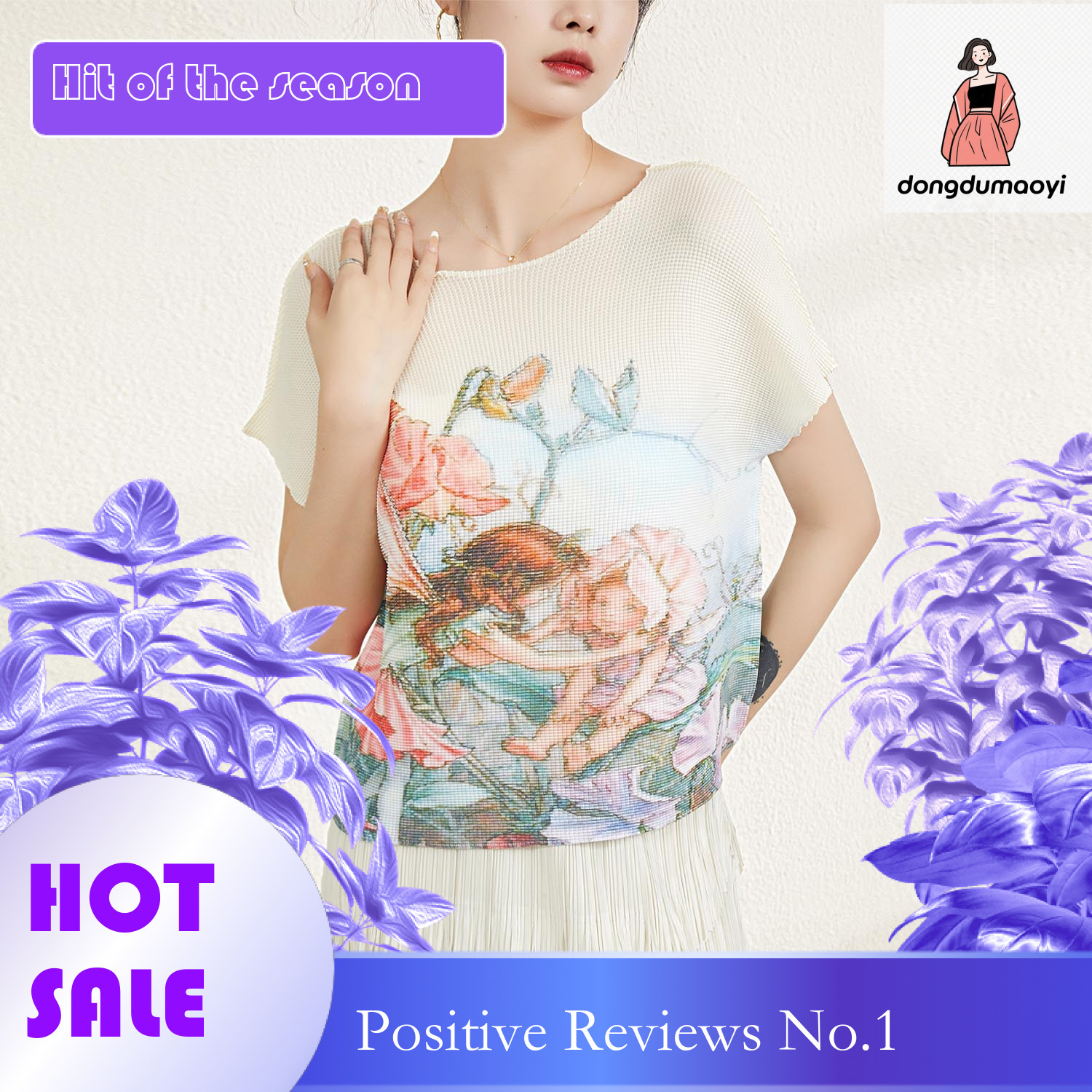 dongdumaoyi Miyake summer new loose plus size slimming T-shirt printed base shirt versatile pleated short sleeved round neck top for women