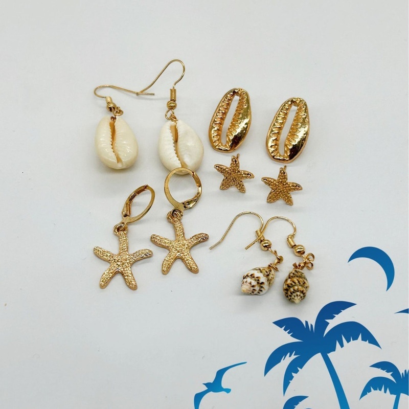 Beach style minimalist creative shell, star, conch, starfish, earrings, five pairs of exquisite accessories set