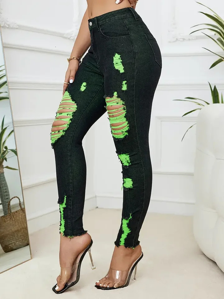 Summer Womens Ripped Jeans Fashionable High Stretch Skinny Denim Pencil Pants Slim Comfortable Knit Jeans S-2XL 250513
