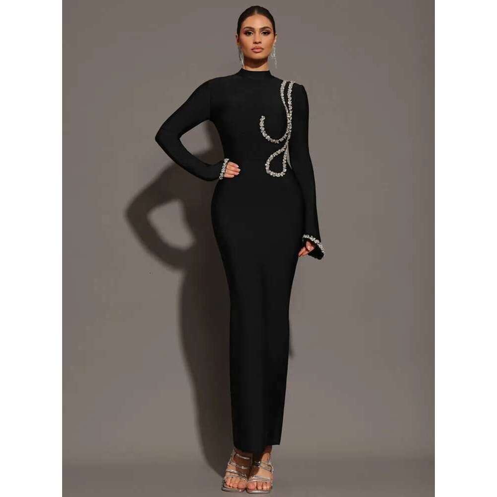 Women Celebrity Sexy Sleeve Dias Black Maxi Long Bodycon Bandage Dress Knitted Elegant Evening Club Party Outfit