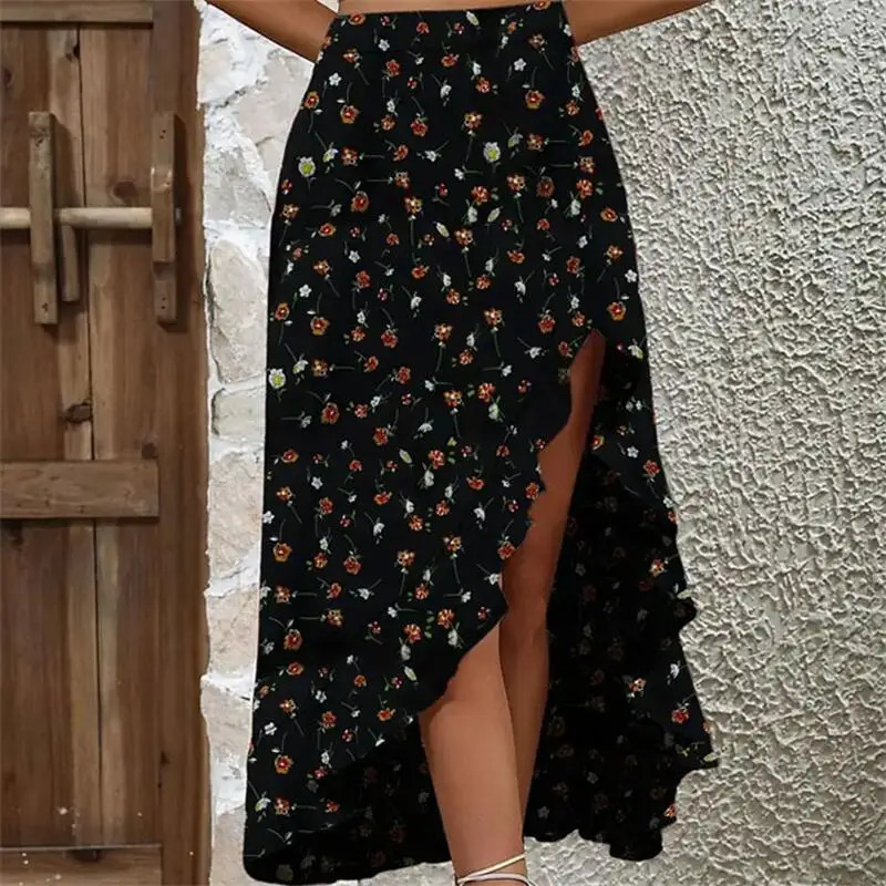 Womens Ruffle Edge Irregular Half skirt Elegant and Hanging Dress Fashionable Summer Midi Floral Print Beach 250514